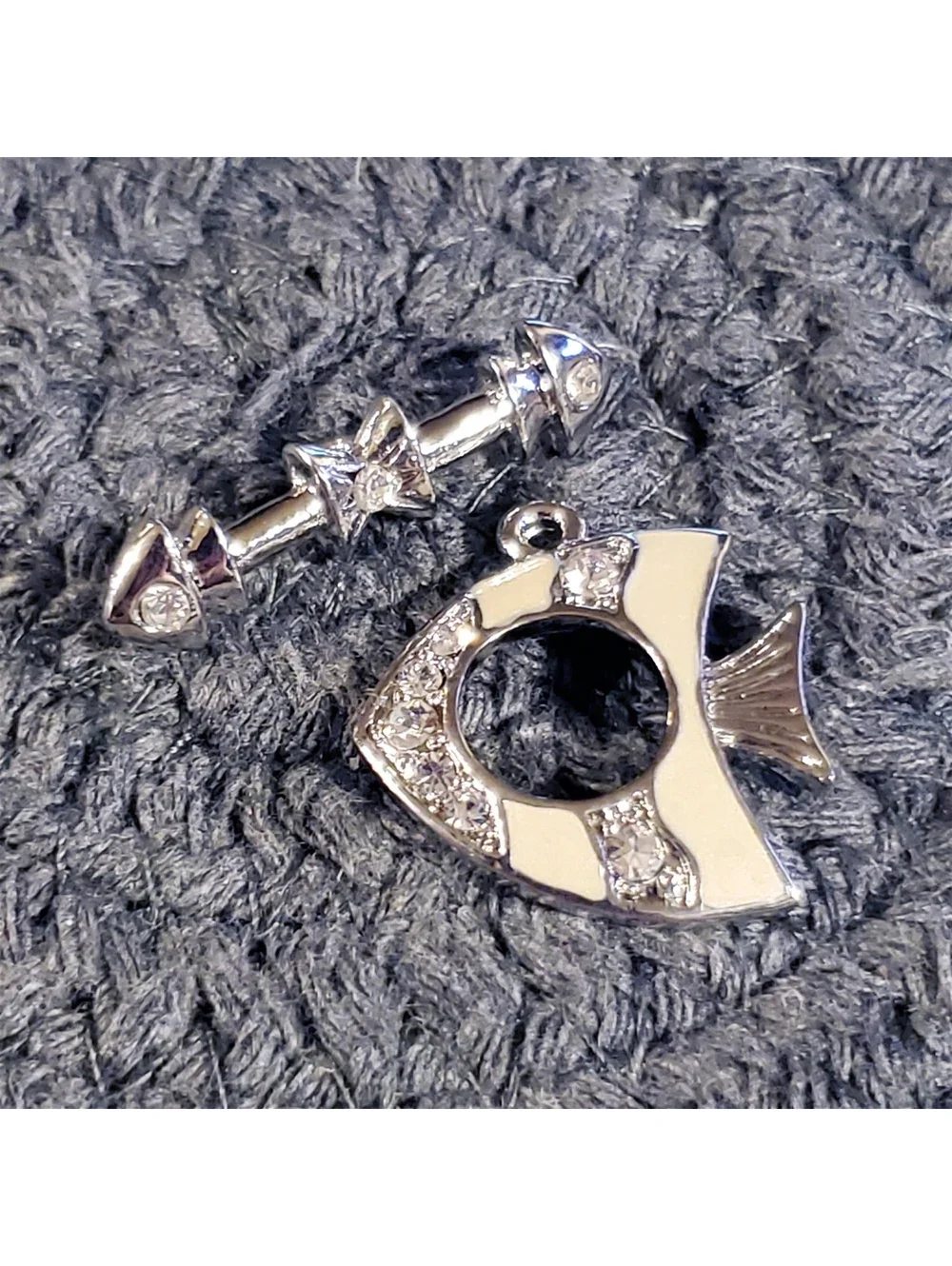 Vintage Austrian Crystal Silver Cream Enamel Tropical Fish Toggle Clasp